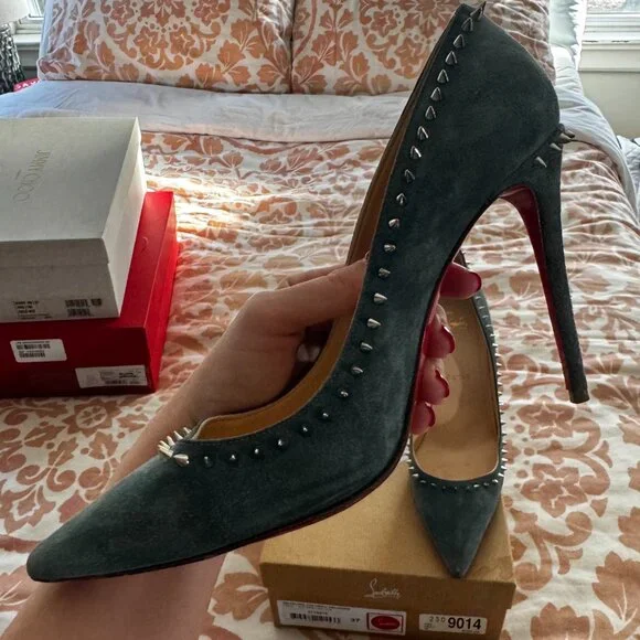 EUC Christian Louboutin Everest Silver Anjalina Spike Heels - Picture 11 of 13